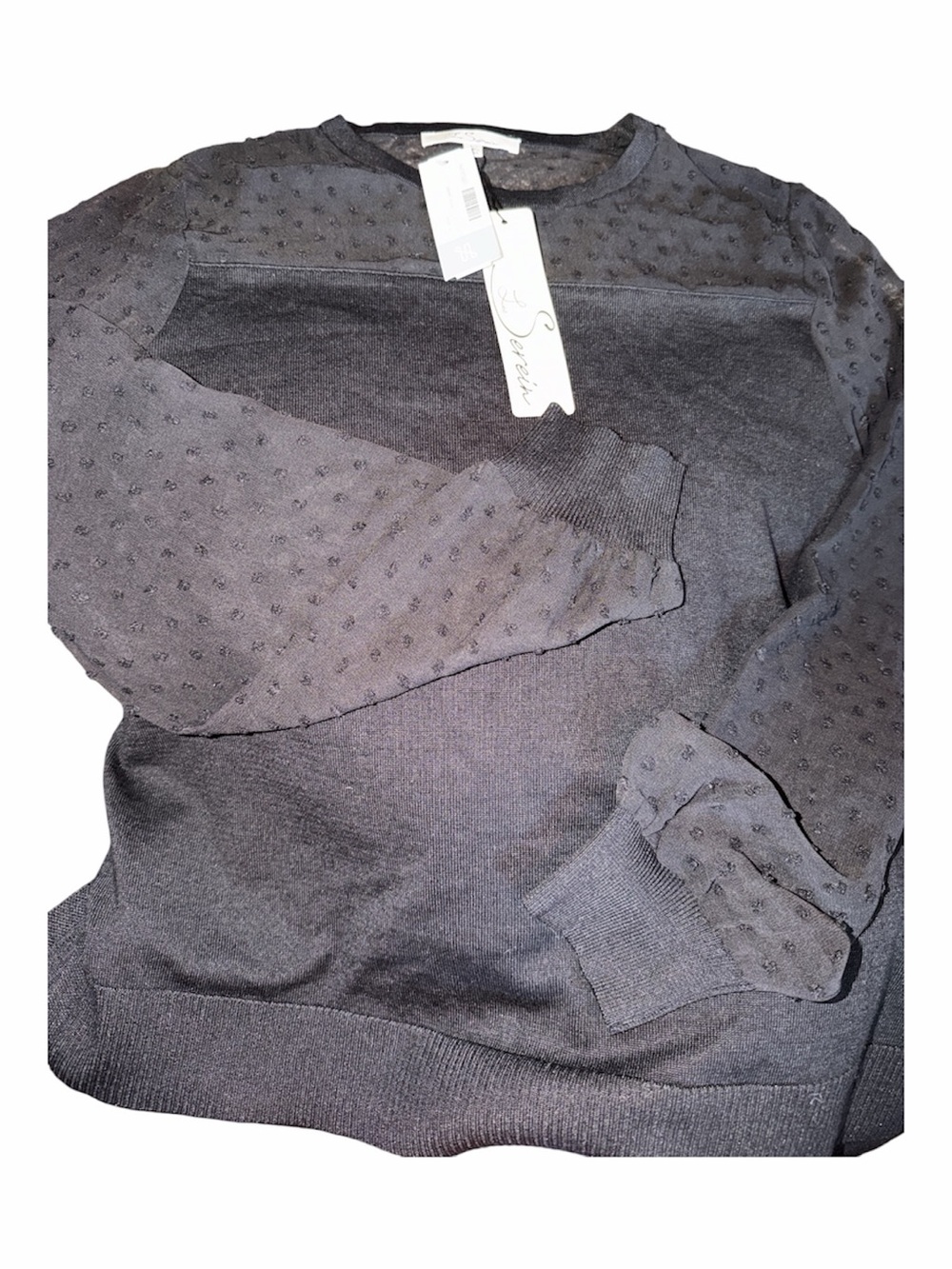 Les Serein new Textured Dot see thru Sleeve Crewneck blouse in black